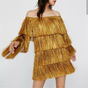 Nasty Gal Off the Shoulder Long Sleeve Gold Tinsel Fringe Mini Dress